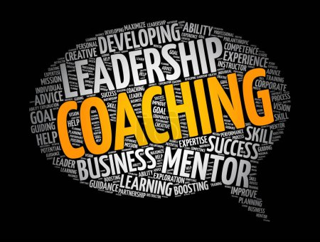 Illustration for Coaching - form of development in which an experienced person supports a learner in achieving a specific personal or professional goal, word cloud concept message bubble - Royalty Free Image