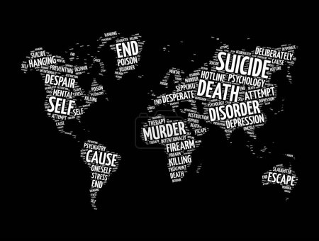 Téléchargez les illustrations : Nuage de mots suicidaires en forme de carte du monde, fond du concept - en licence libre de droit
