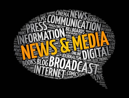 Illustration for News and media message bubble word cloud collage, concept background - Royalty Free Image