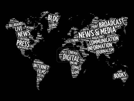 Ilustración de Nube de palabras de noticias y medios en forma de mapa del mundo, fondo de concepto - Imagen libre de derechos