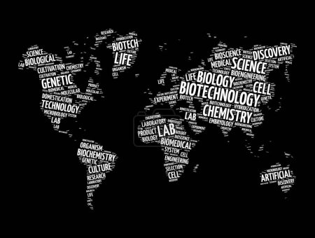 Téléchargez les illustrations : Biotechnologie nuage de mots en forme de carte du monde, concept background - en licence libre de droit