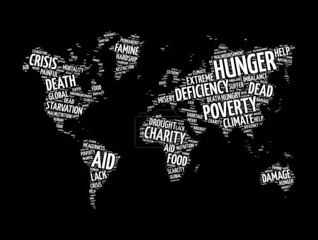 Illustration for Hunger word cloud in shape of world map, concept background - Royalty Free Image