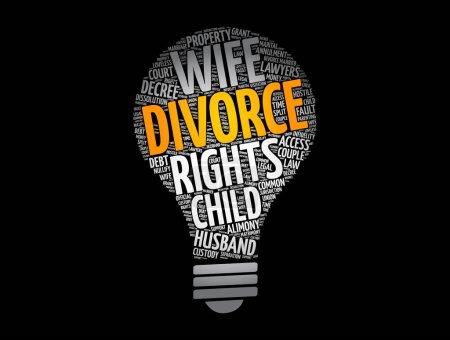 Illustration for Divorce bulb word cloud collage, law concept backgroun - Royalty Free Image