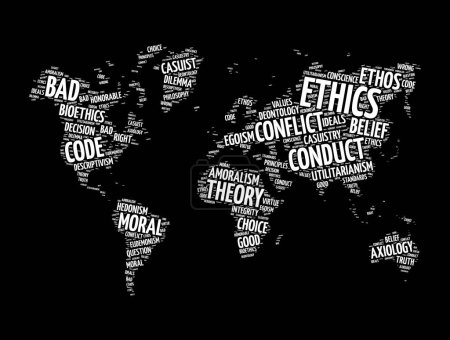 Ilustración de Nube de palabras éticas en forma de mapa del mundo, fondo conceptual - Imagen libre de derechos