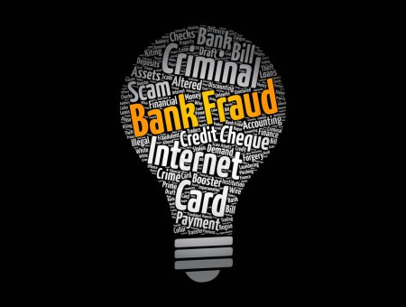 Illustration for Bank fraud - use of potentially illegal means to obtain money, assets, or other property owned or held by a financial institution, light bulb word cloud concept background - Royalty Free Image