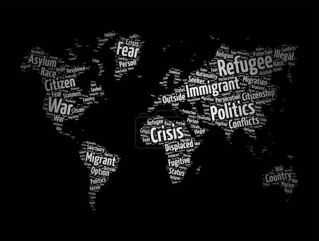 Téléchargez les illustrations : Mot réfugié nuage en forme de carte du monde, fond du concept - en licence libre de droit