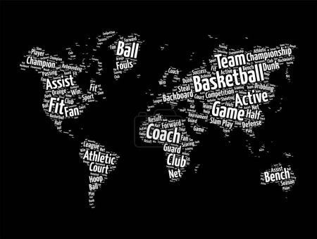 Téléchargez les illustrations : Basketball mot nuage en forme de carte du monde, fond de concept de sport - en licence libre de droit