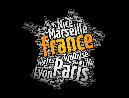 Illustration for List of cities and towns in FRANCE, map word cloud collage, business and travel concept background - Royalty Free Image