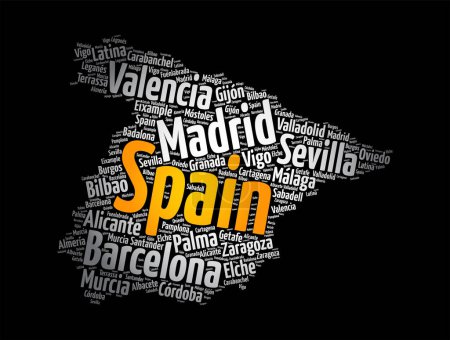 Illustration for List of cities and towns in SPAIN, map word cloud collage, business and travel concept background - Royalty Free Image