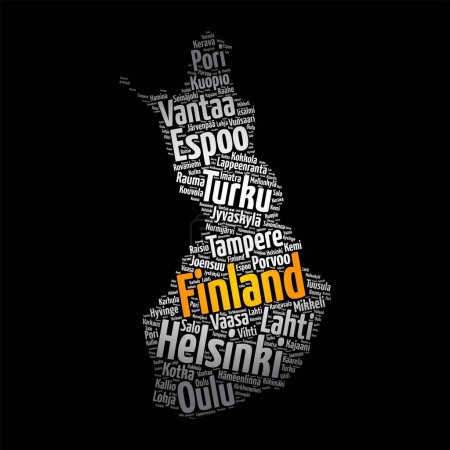 Ilustración de Lista de ciudades y pueblos en Finlandia, mapa palabra nube collage, business and travel concept background - Imagen libre de derechos