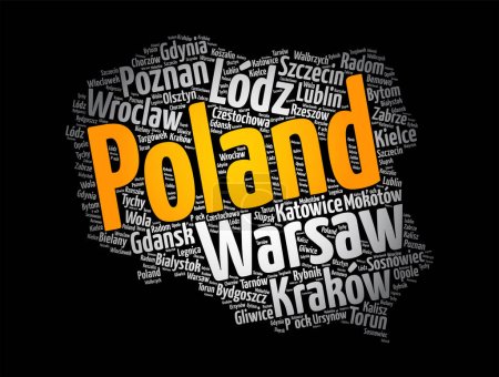 Lista de ciudades y pueblos en Polonia, mapa palabra nube collage, business and travel concept background
