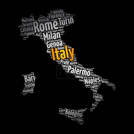 Ilustración de Lista de ciudades en Italia, mapa silueta palabra nube, fondo concepto de viaje - Imagen libre de derechos
