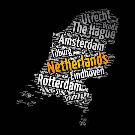 Ilustración de Lista de ciudades y pueblos en Holanda, mapa palabra nube collage, business and travel concept background - Imagen libre de derechos