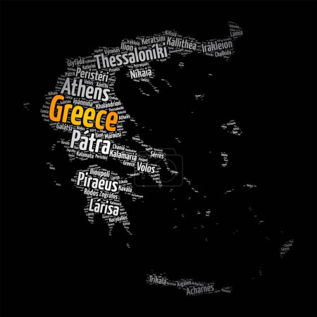 Ilustración de Lista de ciudades y pueblos en Grecia, mapa palabra nube collage, business and travel concept background - Imagen libre de derechos