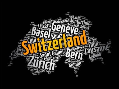 Ilustración de Lista de ciudades y pueblos en Suiza, mapa palabra nube collage, business and travel concept background - Imagen libre de derechos