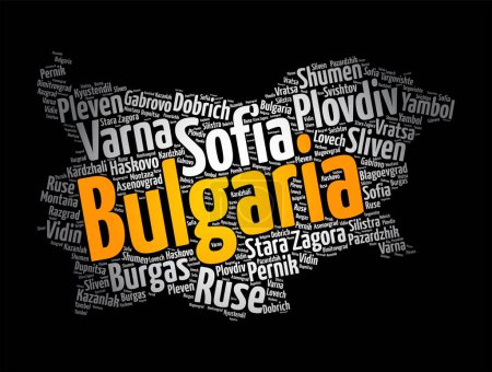 Téléchargez les illustrations : Liste des villes et villages de Bulgarie, map word cloud collage, business and travel concept background - en licence libre de droit