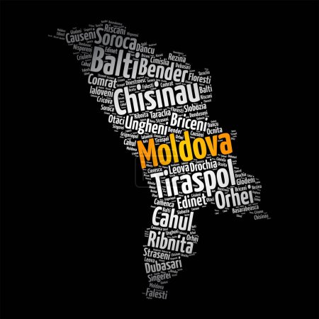 Ilustración de Lista de ciudades y pueblos en Moldavia, mapa palabra nube collage, business and travel concept background - Imagen libre de derechos