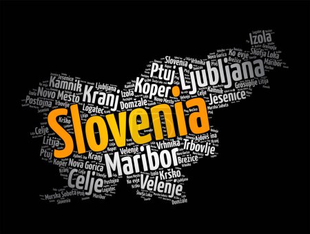 Ilustración de Lista de ciudades y pueblos en Eslovenia, mapa palabra nube collage, business and travel concept background - Imagen libre de derechos