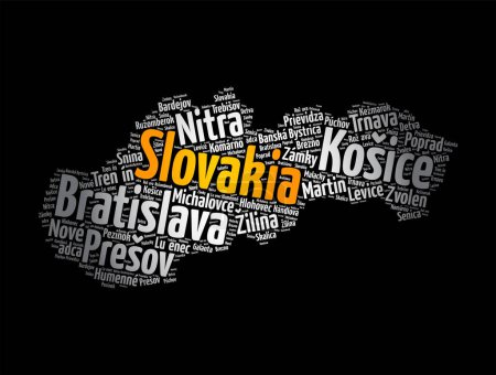 Téléchargez les illustrations : Liste des villes et villages en Slovaquie, mot de carte cloud collage, business and travel concept background - en licence libre de droit