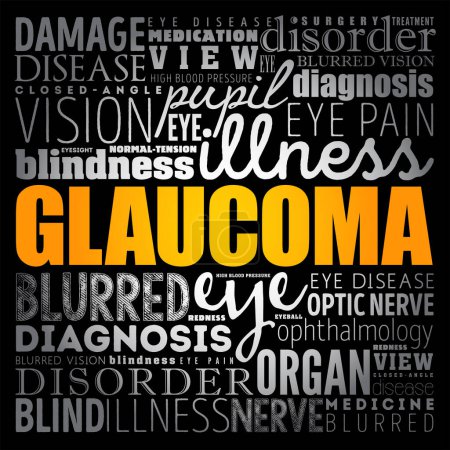 Téléchargez les illustrations : Glaucome est un groupe de maladies oculaires qui entraînent des dommages au nerf optique (ou la rétine) et causent une perte de vision, mot nuage concept médical arrière-plan - en licence libre de droit
