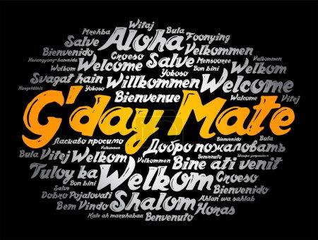 Ilustración de G 'day Mate (Bienvenido en Australia) nube de palabras en diferentes idiomas, fondo conceptual - Imagen libre de derechos