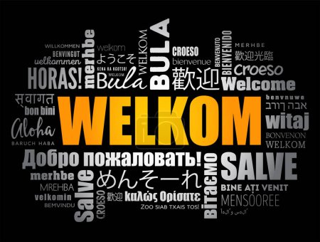 Ilustración de Welkom (Bienvenido en afrikáans) nube de palabras en diferentes idiomas, fondo conceptual - Imagen libre de derechos