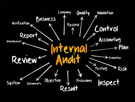 Auditoría Interna evalúa los controles internos de una empresa, incluyendo sus procesos de gobierno corporativo y contabilidad, concepto de mapa mental para presentaciones e informes