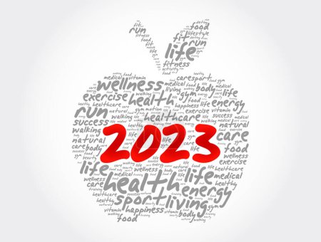 Téléchargez les illustrations : 2023 pomme mot nuage collage, santé concept fond - en licence libre de droit