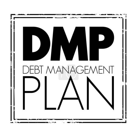 Ilustración de Plan de gestión de la deuda de DMP: le ayuda a administrar sus deudas y pagarlas a una tasa más asequible al hacer pagos mensuales reducidos, sello de texto de acrónimo - Imagen libre de derechos