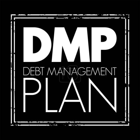 Ilustración de Plan de gestión de la deuda de DMP: le ayuda a administrar sus deudas y pagarlas a una tasa más asequible al hacer pagos mensuales reducidos, sello de texto de acrónimo - Imagen libre de derechos