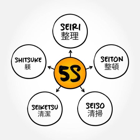 Illustration for 5S is a workplace organization method that uses a list of five Japanese words, mind map concept for presentations and reports - Royalty Free Image