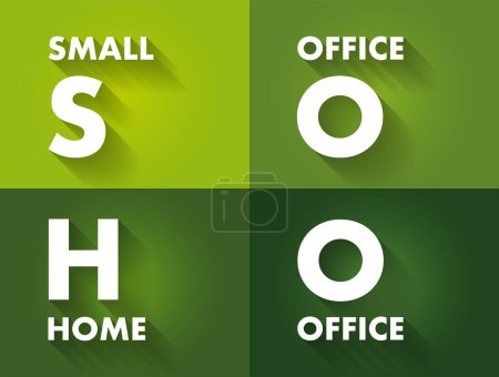 Téléchargez les illustrations : SOHO Small Office Home Office - catégorie d'entreprise ou d'industrie artisanale qui implique de 1 à 10 travailleurs, acronyme texte concept arrière-plan - en licence libre de droit