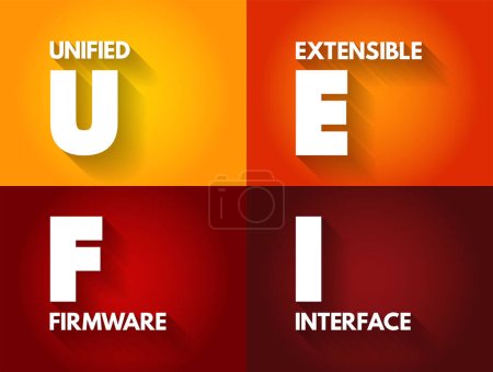 Téléchargez les illustrations : UEFI Unified Extensible Firmware Interface - spécification accessible au public qui définit une interface logicielle entre un système d'exploitation et un firmware de plate-forme, fond de concept de texte acronyme - en licence libre de droit