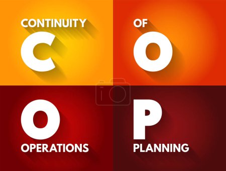 Téléchargez les illustrations : COOP - Continuité des opérations La planification est une initiative visant à s'assurer que les organismes sont en mesure de continuer à exercer leurs fonctions essentielles dans un large éventail de circonstances, selon le concept de texte acronyme. - en licence libre de droit