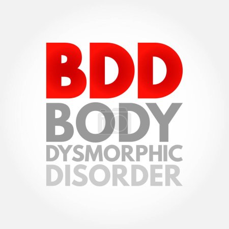 Ilustración de BDD - El Trastorno Dismórfico Corporal es un trastorno de salud mental, fondo del concepto de texto acrónimo - Imagen libre de derechos