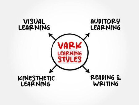 Ilustración de Modelo de estilos de aprendizaje VARK: fue diseñado para ayudar a los estudiantes y otros a aprender más sobre sus preferencias de aprendizaje individuales, el concepto de mapa mental de acrónimo para presentaciones e informes. - Imagen libre de derechos