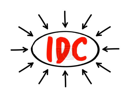 Téléchargez les illustrations : IDC - Liste de contrôle diagnostique internationale texte de l'acronyme avec flèches, arrière-plan du concept d'entreprise - en licence libre de droit
