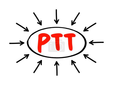 Téléchargez les illustrations : PTT - Partial Thromboplastin Time est un test sanguin qui examine combien de temps il faut pour que le sang coagule, concept de texte acronyme avec des flèches - en licence libre de droit