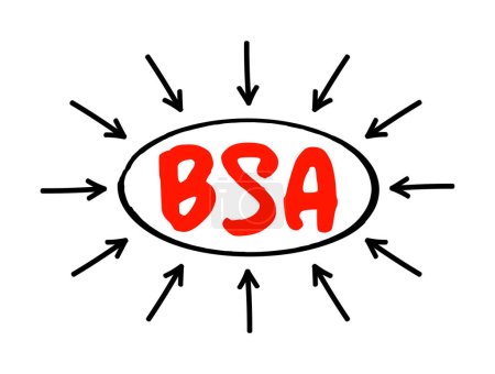 Ilustración de Área de superficie corporal BSA - área de superficie medida o calculada de un cuerpo humano, concepto de texto acrónimo con flechas - Imagen libre de derechos