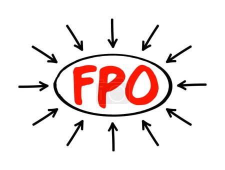 Téléchargez les illustrations : FPO Suite de l'offre publique d'achat - émission d'actions à des investisseurs par une société cotée en bourse, concept de texte acronyme avec flèches - en licence libre de droit