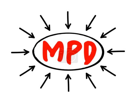 Illustration for MPD Multiple Personality Disorder - mental disorder characterized by the maintenance of at least two distinct and relatively enduring personality states, acronym text with arrows - Royalty Free Image