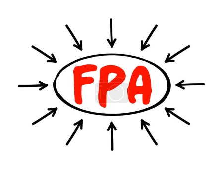 Ilustración de FPA Planificación Financiera y Análisis - conjunto de cuatro actividades que apoyan la salud financiera de una organización, concepto de texto acrónimo con flechas - Imagen libre de derechos