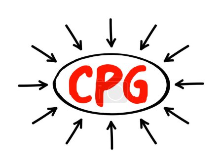 Illustration for CPG Consumer Packaged Goods - merchandise that customers use up and replace on a frequent basis, acronym text concept with arrows - Royalty Free Image