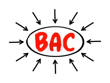 Ilustración de Concentración de alcohol en sangre BAC - medida del alcohol en la sangre como porcentaje, concepto de texto acrónimo con flechas - Imagen libre de derechos