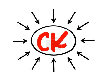 Téléchargez les illustrations : CK Créatine Kinase - enzyme exprimée par divers tissus et types de cellules, acronyme concept de texte avec des flèches - en licence libre de droit