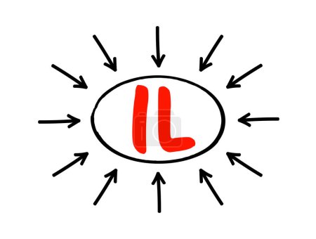 Ilustración de IL Interleucina - grupo de citocinas que se vio por primera vez que se expresan por los glóbulos blancos, concepto de texto acrónimo con flechas - Imagen libre de derechos