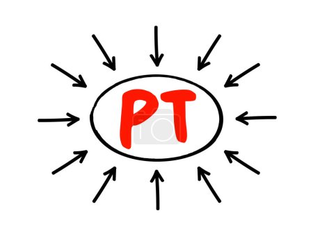 Ilustración de PT Prothrombin Time - mide el tiempo que tarda un coágulo en formarse en una muestra de sangre, concepto de texto acrónimo con flechas - Imagen libre de derechos
