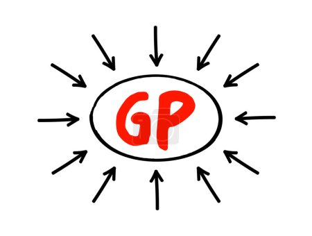 Illustration for GP Gross Profit - sum of all wages, salaries, profits, interest payments, rents, and other forms of earnings, before any deductions or taxes, acronym text with arrows - Royalty Free Image