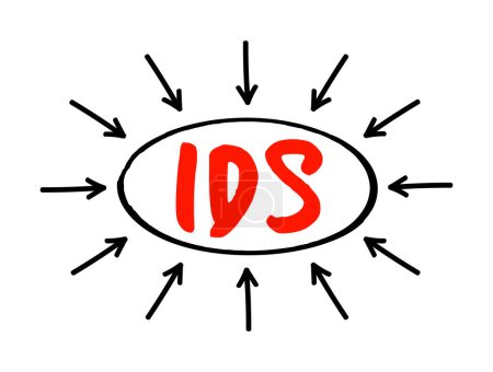 Illustration for IDS - Intrusion Detection System is a device or software application that monitors a network or systems for malicious activity or policy violations, acronym text concept with arrows - Royalty Free Image