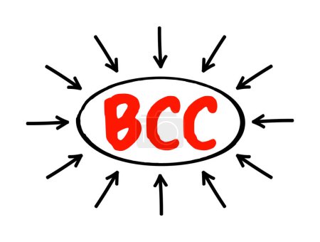 Téléchargez les illustrations : BCC Blind Carbon Copy - permet à l'expéditeur d'un message de cacher la personne entrée dans le champ Bcc aux autres destinataires, concept de texte acronyme avec des flèches - en licence libre de droit